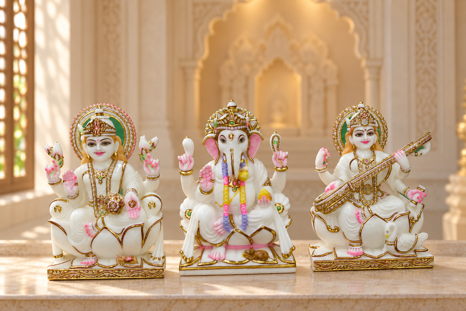 Complete Lakshmi, Ganesha and Saraswati marble murti set